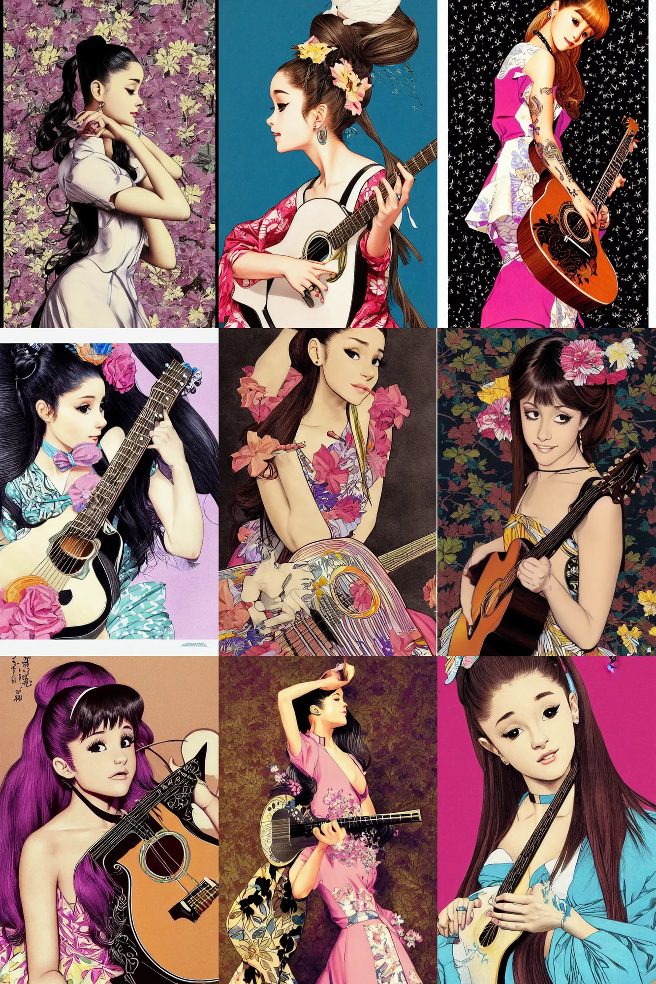 Prompt: Ariana Grande playing acoustic guitar, colorful, graphic design, manga, highly detailed, beauty, art by Takehiko Inoue, intricate, elegant, J. C. Leyendecker