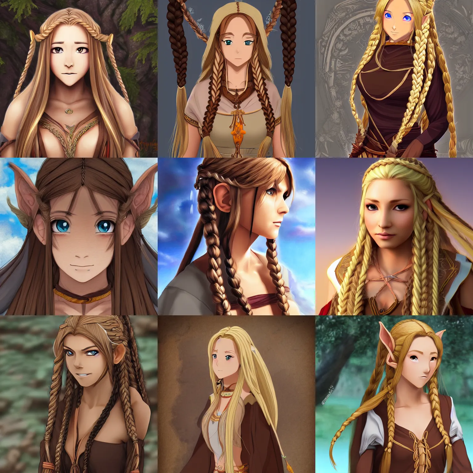 Prompt: a beautiful brown half elf woman with long blonde braided hair in monk clothing, 8 k, 4 k, highly detailed, anime style, cell shaded