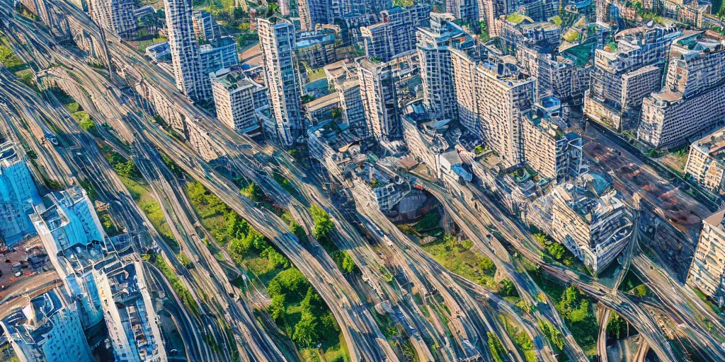 Image similar to bird's eye view photograph of a highrise Russian city, apartments, train station, pond, wide roads, no watermarks, extremely detailed photography