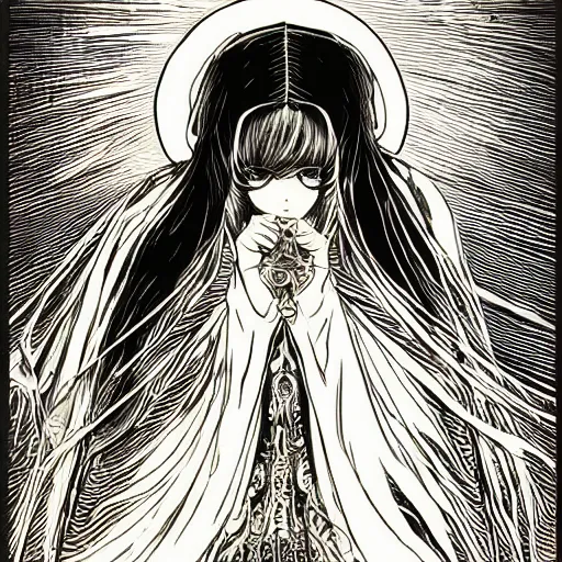 Image similar to precisely drawn illustration of anime cloaked high priestess of a goddess, old-fashioned tarot card, victorian playing card, sepia tone, wide angle, sharp, fine details, anime, manga, cyberpunk, intense line art, 8k, precise linework, realistic, shaded lighting by katsuhiro otomo ghost-in-the-shell, magali villeneuve, artgerm, rutkowski Jeremy Lipkin and Giuseppe Dangelico Pino and Michael Garmash and Rob Rey