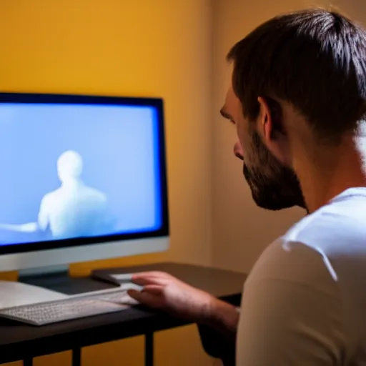 Image similar to A photo of a scared man in front of a computer, realistic, stock photo