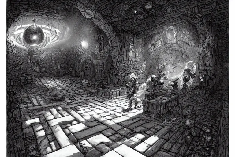 Prompt: black and white one point perspective labyrinth dungeon cozy fantasy dungeon boss encounter view with gigantic orb in the middle of the room by artgerm and Craig Mullins, James Jean, Andrey Ryabovichev, Mark Simonetti and Peter Morbacher 16k