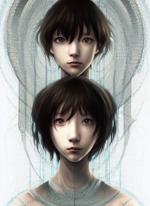 Image similar to symmetry!! portrait of lain, serial experiments : lain, intricate, elegant, highly detailed, digital painting, artstation, concept art, smooth, sharp focus, illustration, by bartek fedyczak, erak note, tooth wu, neil richards, kan liu, siwoo kim, jisu choe