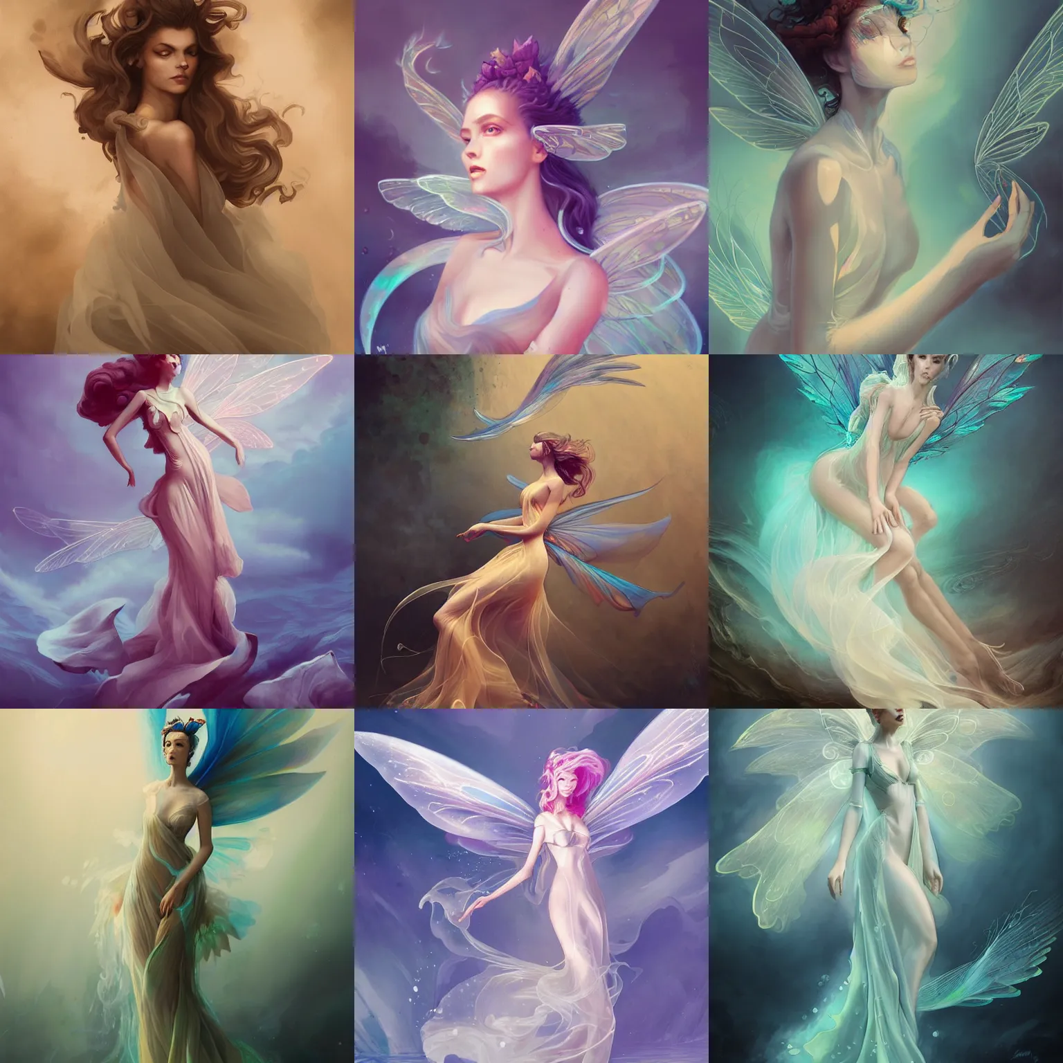 Prompt: prompt portrait of beautiful female fairy, translucent silky dress, fluid simulation, underwater ink env, wispy gigantic wings , by Peter Mohrbacher, trending on artstation