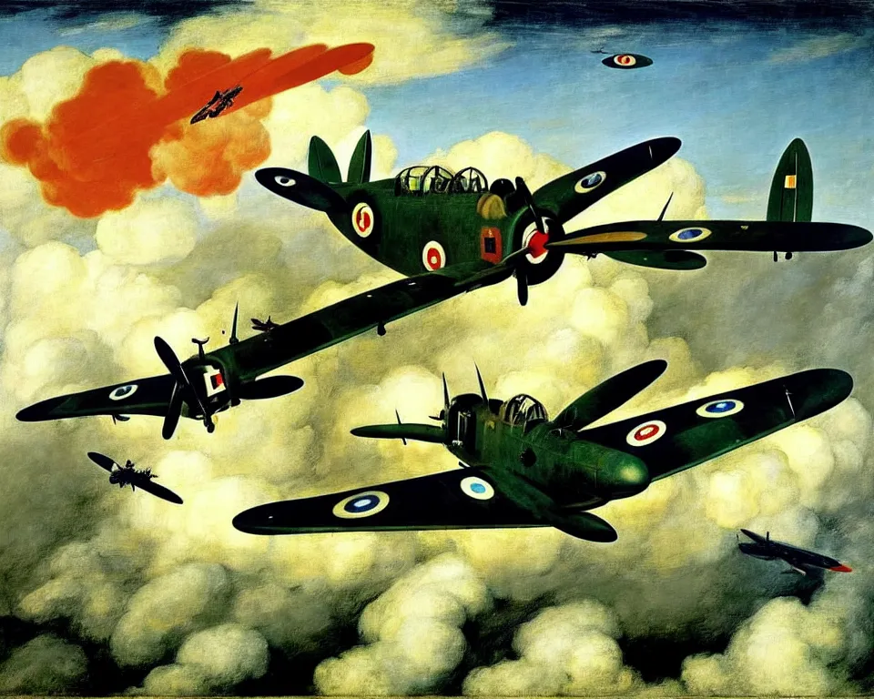 Prompt: an achingly beautiful print of the Battle of Britain by Raphael, Hopper, Goya, and Rene Magritte. detailed, romantic, enchanting, trending on artstation.