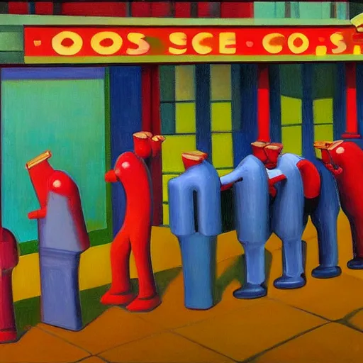 Image similar to robots queue up for ice cream, grant wood, pj crook, ( ( ( edward hopper ) ) ), oil on canvas