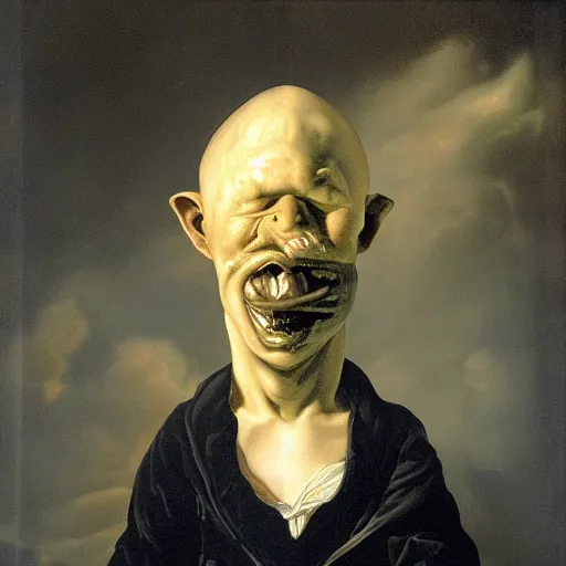 Image similar to oil painting with black background by christian rex van minnen rachel ruysch dali todd schorr of a chiaroscuro portrait of an extremely bizarre disturbing mutated man with acne intense chiaroscuro cast shadows obscuring features dramatic lighting perfect composition masterpiece