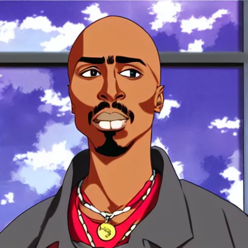 Image similar to Tupac Shakur, screenshot from a 2012s anime