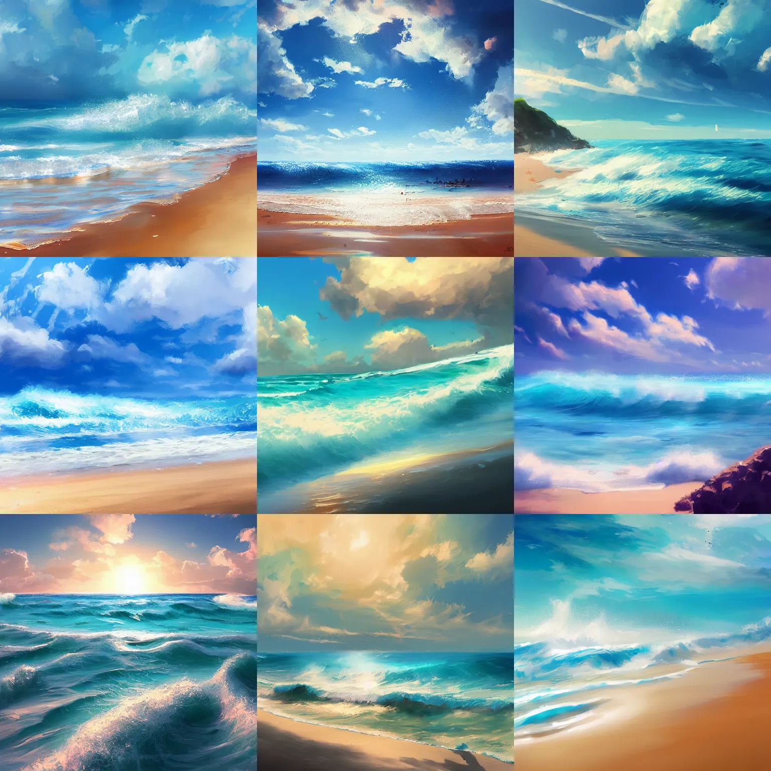 Prompt: beach, ocean, islands!!!!!, blue sky, clouds, foamy waves, horizon, by WLOP, Artstation