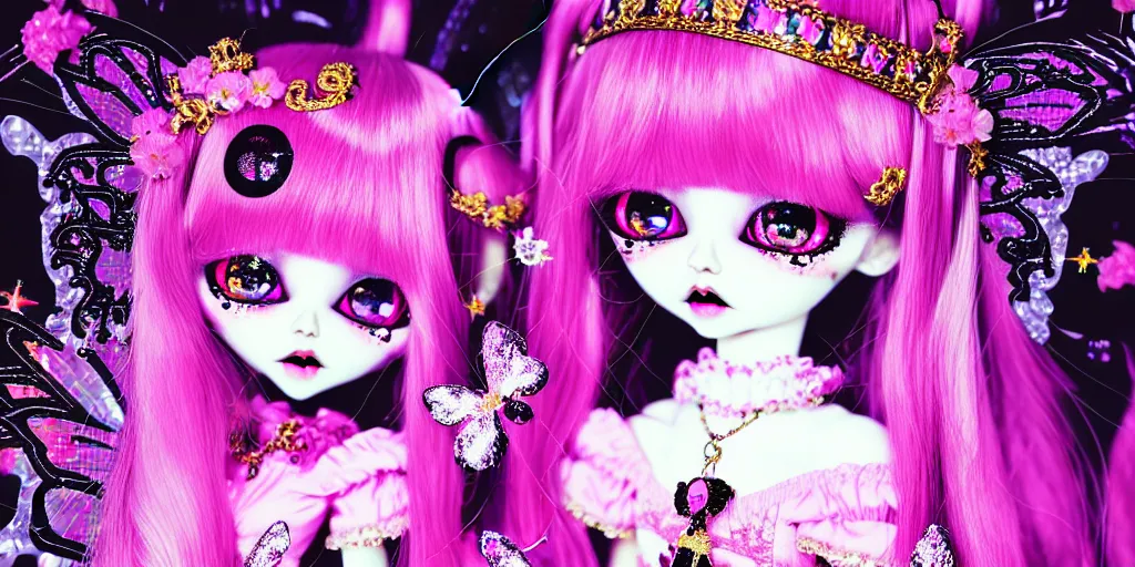 Image similar to baroque bedazzled gothic royalty frames surrounding a pixelsort emo demonic horrorcore japanese beautiful fairy kei doll, sharpened early computer graphics, remastered chromatic aberration