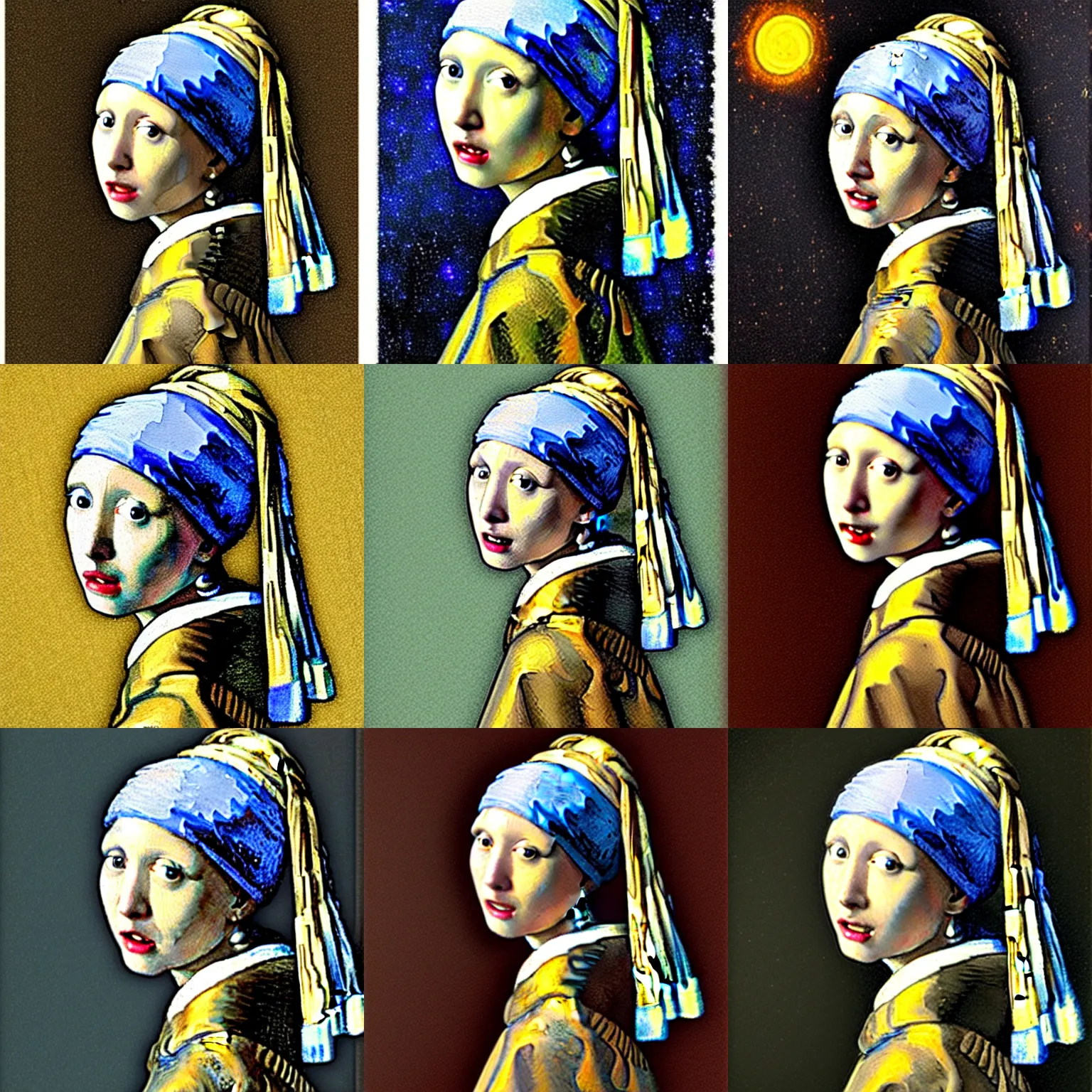 Image similar to girl with a pearl earring, in the style of the starry night by van gogh