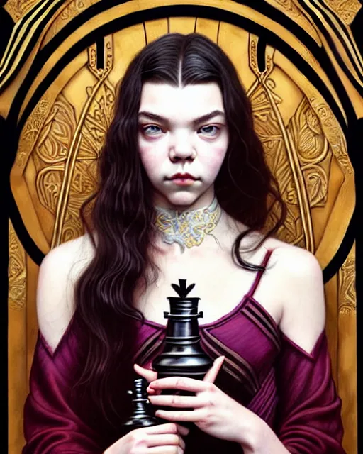 Image similar to twenty year old anya taylor - joy ( queen's gambit ) as a chess queen, art nouveau, fantasy, intricate, elegant, highly detailed, sharp focus, art by artgerm and greg rutkowski and wlop