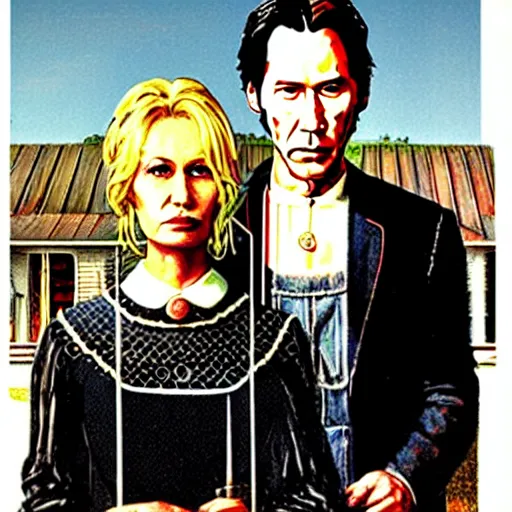 Image similar to American Gothic, with Keanu Reeves and Dolly Parton, by MARVEL comics and Sandra Chevrier