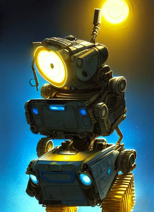 Image similar to wall - e, sci - fi, blue and yellow glowing lights, intricate, elegant, highly detailed, digital painting, artstation, concept art, smooth, sharp focus, illustration, art by artgerm and greg rutkowski and alphonse mucha