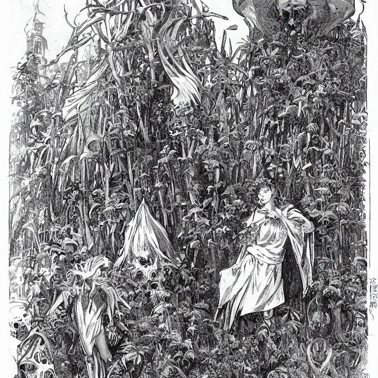 Prompt: a walther caspari illustration in lustige blatter in 1 8 9 9 of a young goddess peering from behind an enormous conical pile of skulls with huge flowers on tall stalks behind her, manga style of kentaro miura