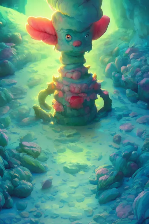 Image similar to smurf ghost creature animal sushi cristal very big eye roots cactus elemental flush of force nature micro world fluo fishscale, behance hd by jesper ejsing, by rhads, makoto shinkai and lois van baarle, ilya kuvshinov, rossdraws radiating a glowing aura global illumination ray tracing hdr