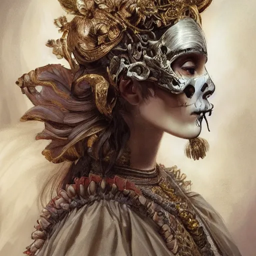 Image similar to A masterpiece ultrarealistic ultradetailed portrait of a Incredibly beautiful angel princess with Skull Iron mask. baroque renaissance girl in the night forest. medium shot, intricate, elegant, highly detailed. trending on artstation, digital art, by Stanley Artgerm Lau, WLOP, Rossdraws, James Jean, Andrei Riabovitchev, Marc Simonetti, Yoshitaka Amano. background by James Jean and Gustav Klimt, light by Julie Bell, 4k, porcelain skin.