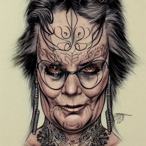 Image similar to a beautiful portrait of a heavily tattooed older woman Travis Charest style