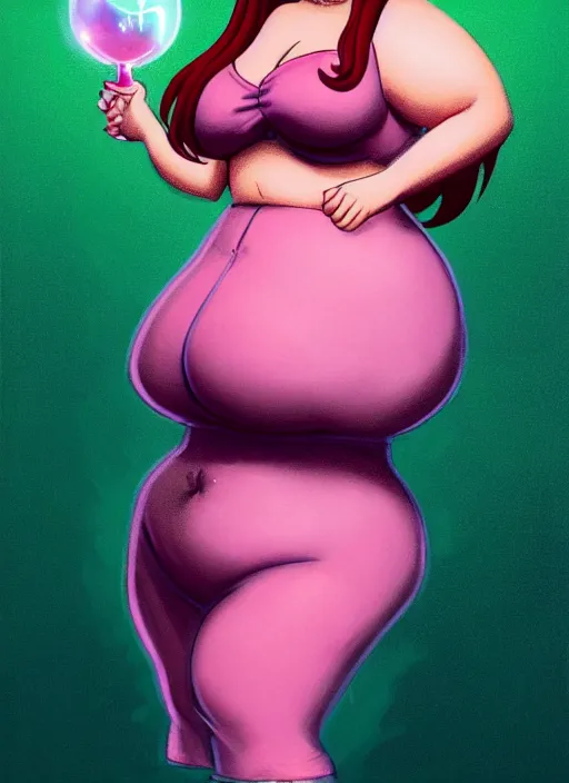 Image similar to full body portrait of teenage cheryl blossom, obese, bangs, green eyes, sultry expression, red hair, sultry smirk, bangs and wavy hair, pink skirt, obese, intricate, elegant, glowing lights, highly detailed, digital painting, artstation, concept art, smooth, sharp focus, illustration, art by wlop, mars ravelo and greg rutkowski