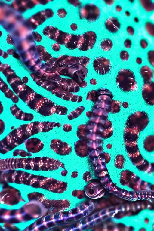 Prompt: high quality close-up photo translucent biomechanic worms! gorgeous black dots highly detailed hannah yata elson peter cinematic turquoise lighting high quality low angle hd 8k sharp shallow depth of field