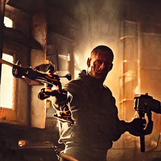 Image similar to gun made from old egg beater, balding older cyborg repairing, red hot soldering iron, dark messy smoke - filled cluttered workshop, dark, dramatic lighting, orange tint, cinematic, highly detailed, sci - fi, futuristic, movie still from blade runner