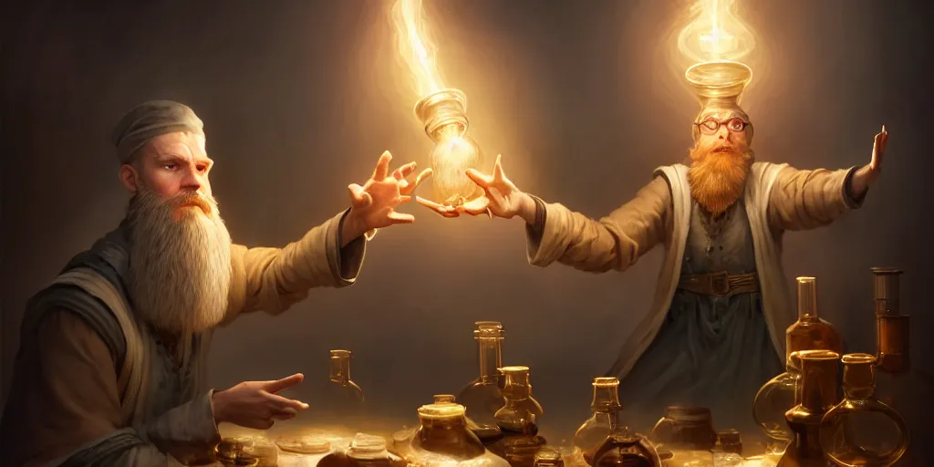 Image similar to a handsome bearded white male wizard with brown hair he is casting a spell emanating from his hands, he is in a alchemist workshop filled with beakers and equipment, neurral hand pose, neutral pose, sharp focus, waist up, 4 k, by greg rutkowski, rudy siswanto and anna podedworna