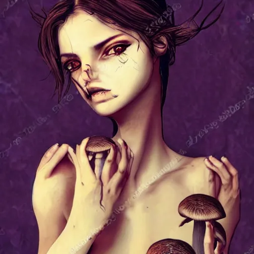 Image similar to detailed half body digital art for a game of a beautiful woman wearing ragged and ruined clothes merged with mushrooms. the background is dark. dramatic camera angle