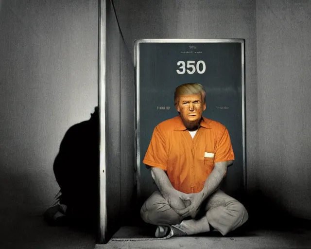 Image similar to a portrait of Donald trump sitting on the floor of a filthy jail cell lit by spotlight, dimly lit, wearing a orange jumpsuit in jail by craig mullins and norman rockwell, octane, 35mm photo,