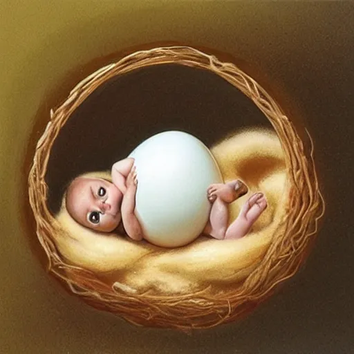 Image similar to concept art of a baby corgi emerging from an egg in a nest, art by anne geddes