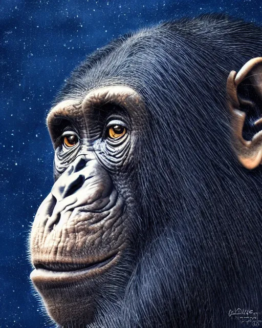 Prompt: blue, gold, very detailed high resolution illustration portrait of a chimpanzee, backlit, night covered in stars, 3 d, 8 k, extremely detailed, artstation, award winning, sharp focus, illustration