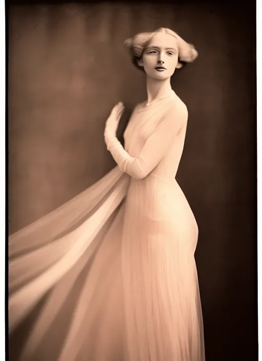 Image similar to portrait photography of a beautiful woman, in style photography of Cecil Beaton, rose huntington whitely style 3/4 , natural color skin pointed in rose, long hair with ornamental hairstyle, full body dressed with a ethereal transparent voile dress, elegrant, 8K, soft focus, melanchonic rose soft light, volumetric dramatic lighting, highly detailed Realistic, hyper Refined, Highly Detailed, natural point rose', indoor soft lighting, soft delicate lighting colors scheme, soft blur lighting, fine art fashion photography