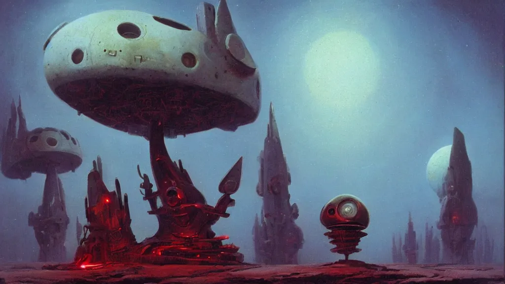 Image similar to mysterious whimsical sculpture of alien technology by paul lehr and john schoenherr and john harris, cinematic matte painting