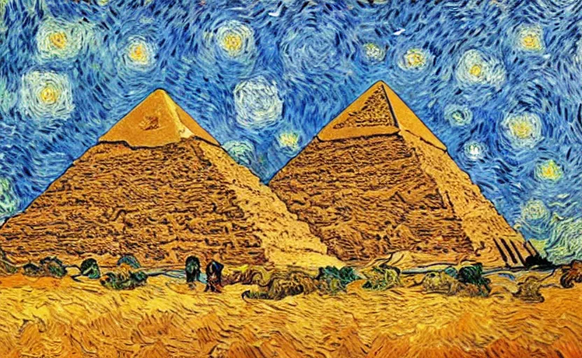 Prompt: The pyramids with Van gogh sky
