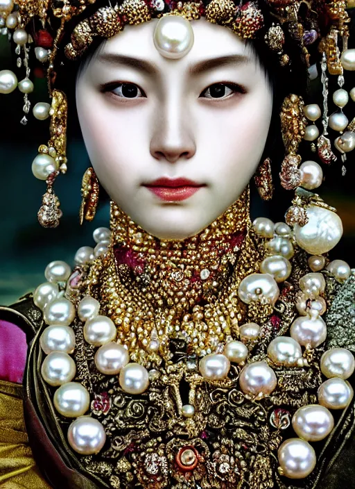 Image similar to hyperrealism, detailed textures, award winning autochrome photo, ultra realistic, cinematic, intricate, japanese pearl queen, beautiful dreaming animal pearl queen, autochrome pearl portrait, pearl silverplate, intricate, detailed facial pearl scary animal mask, pearl, golden jewelery, silverplate, ultra realistic, cinematic, intricate, cinematic light by steve mccurry, unreal engine 8 k