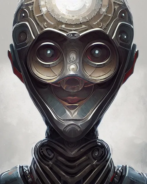Image similar to professional ominous concept art portrait of a robot character with a flat metallic mandala face by artgerm and greg rutkowski. an intricate, elegant, highly detailed digital painting, concept art, smooth, sharp focus, illustration, in the style of simon stalenhag, wayne barlowe, and igor kieryluk.