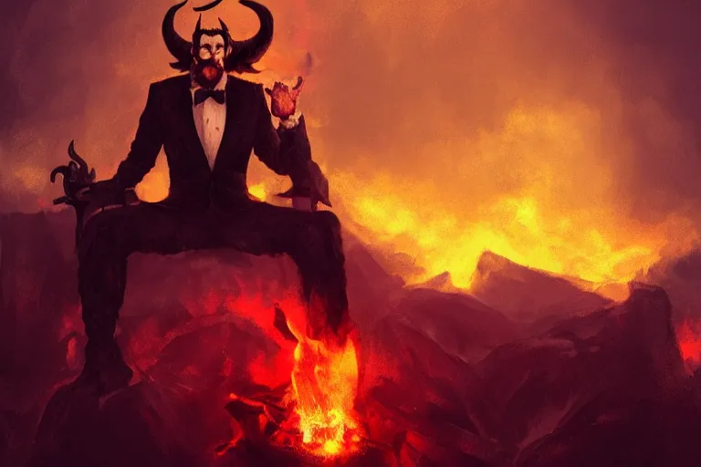 Image similar to A Male Devil sits on a throne and wears a black tuxedo , hell, landscape, fire, environment, Artstation