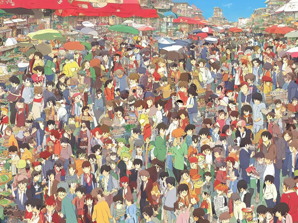 Image similar to ghibli version of where is waldo in open door market, detailed, high quality, high resolution, color illustration by hayao miyazaki