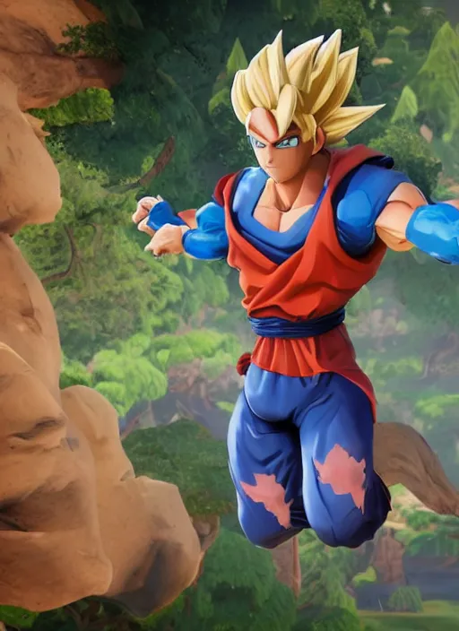 Image similar to game still of a sayan goku as a fortnite skin in fortnite by fortnite, pose.