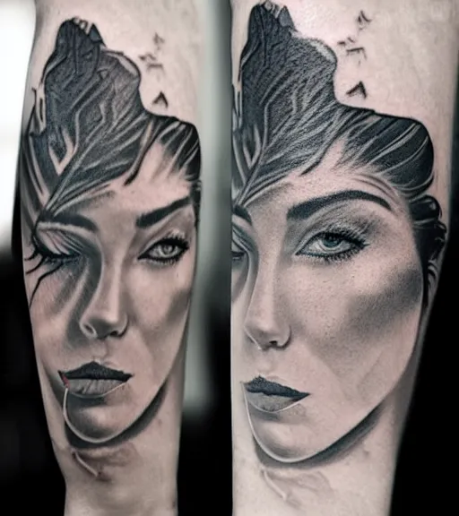 Image similar to tattoo design sketch of an extremely beautiful woman face with a faded background of stunning mountain view on her side, hyper - realistic, in the style of matteo pasqualin, amazing detail, black and white, faded