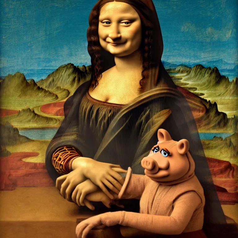 Image similar to Miss Piggy as the Mona Lisa painting by Leonardo da Vinci, medieval art, trending on artstation