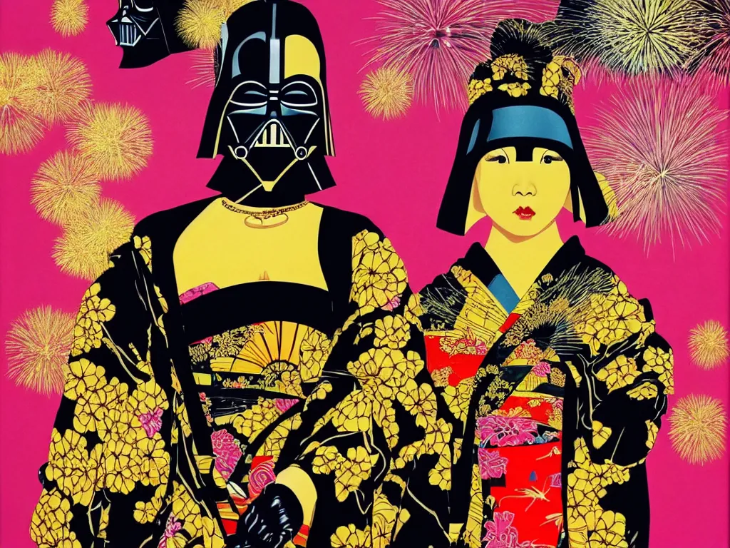 Image similar to hyperrealistic composition of the detailed woman in a japanese kimono sitting at a extremely detailed black jack table with golden darth vader, fireworks, mountain fuji on the background, pop - art style, jacky tsai style, andy warhol style, acrylic on canvas