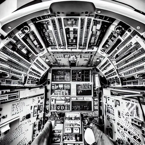 Image similar to inside of an aircraft controller tower, black and white, ultra detailed, high contrast, 4 k, comic book art style