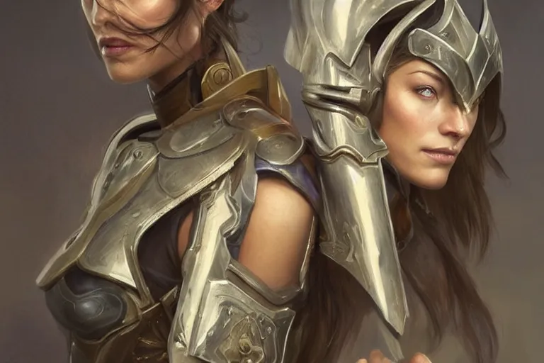 Image similar to a professional painting of Olivia Wilde clothed in military armor, olive skin, long dark hair, beautiful bone structure, symmetrical facial features, intricate, elegant, digital painting, concept art, smooth, sharp focus, illustration, from WarCraft by Ruan Jia and Mandy Jurgens and Artgerm and William-Adolphe Bouguerea