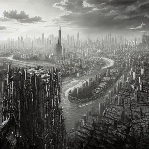 Prompt: an ultra detailed black and white matte painting of a lonely and impossibly tall ominous dark tower elevated high above the city, on an isolated plateau island in a river elevated high above the city fortress tower, fantasy capital city, ultrawide lense, aerial photography, volumetric lighting, exquisite detail, 8 k, art by artgerm and greg rutkowski and alphonse mucha