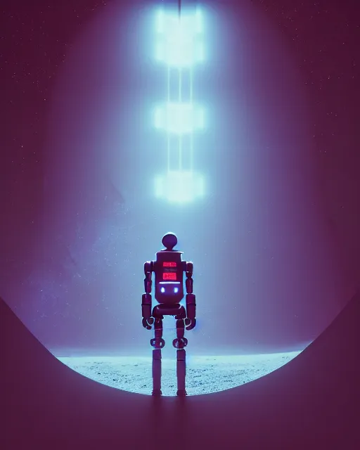 Image similar to a robot standing in front of a glowy open door that's on a barren moon, poster art by mike winkelmann, trending on cg society, space art, sci - fi, ue 5, futuristic, volumetric lighting, light casting onto the ground, neat composition and camera angle