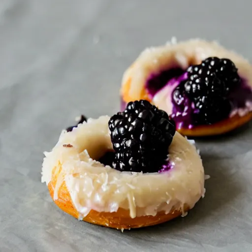 Prompt: blackberry donut glazed with coconut shavings and hazelnut