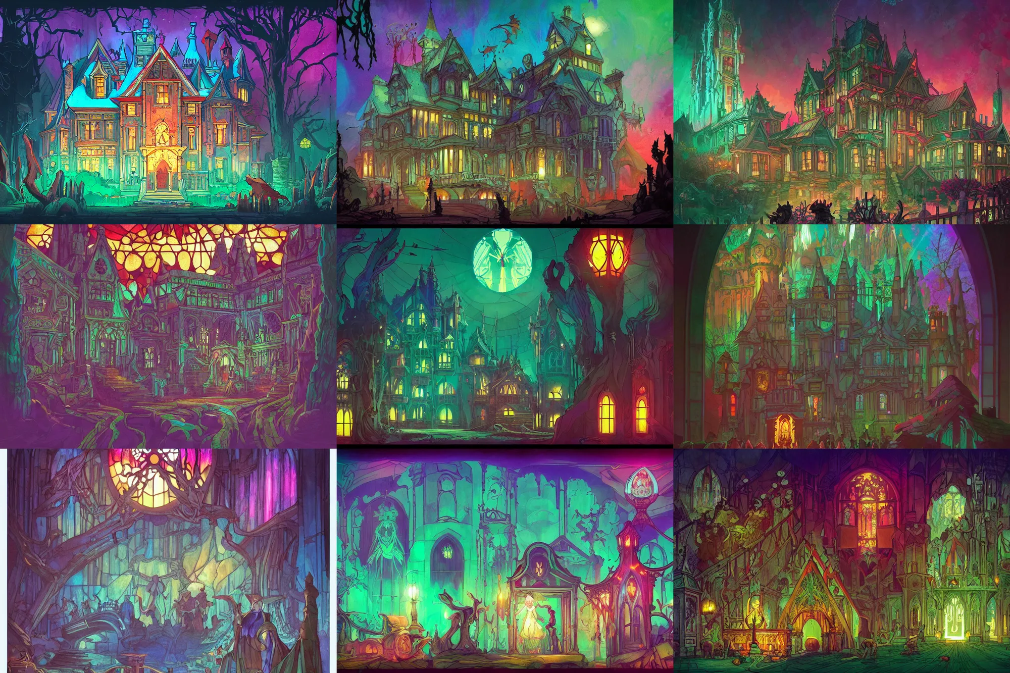 Prompt: stained glass!!, haunted mansion, infographic with illustrations!!!, glowing lights, epic fantasy, colorfully, digital art, highly saturated colors, concept art, detailed illustration, hd, 4 k, digital art, greg rutkowski, dan mumford, studio ghibli trending on artstation