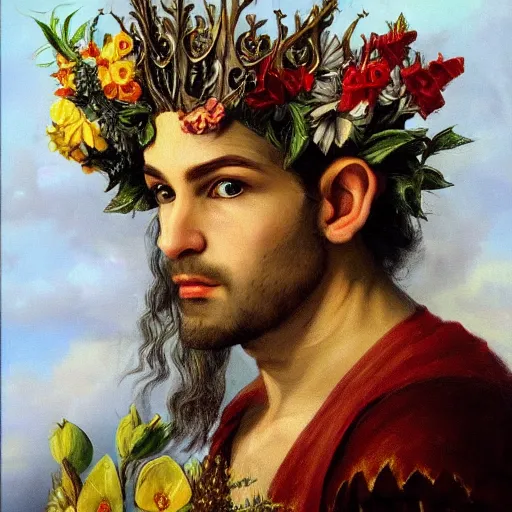 Image similar to a male feywild elf wearing a crown of flowers. he holds a dagger in his hand. baroque portrait. highly detailed oil painting.