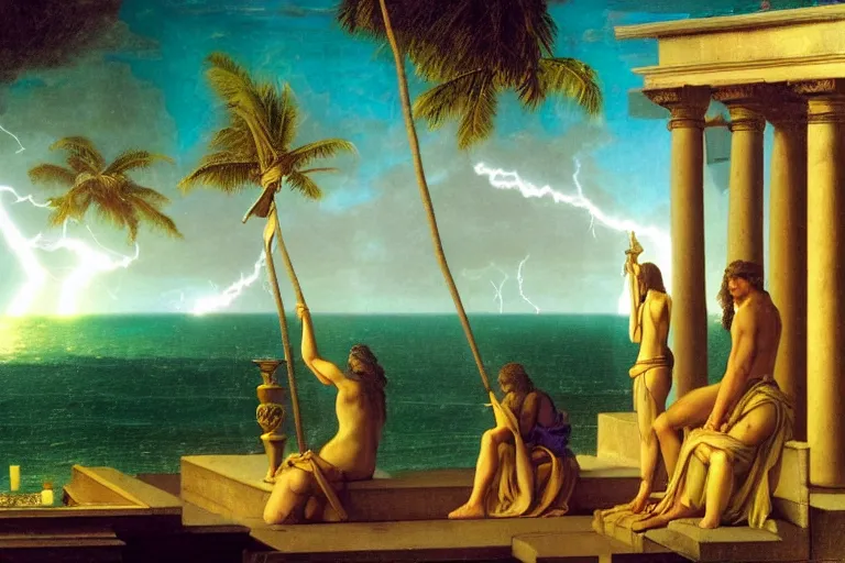 Image similar to Doric temple on front of balustrade and palace columns, refracted lightnings on the ocean, thunderstorm, tarot cards characters, beach and Tropical vegetation on the background major arcana sky and occult symbols, by paul delaroche, hyperrealistic 4k uhd, award-winning, very detailed paradise