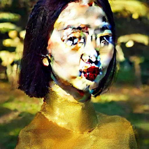 Image similar to innovative avant - garde art, deco fashion, asian women, highly detailed, photorealistic portrait, serene forest setting, golden hour, crisp quality and light reflections, octane render